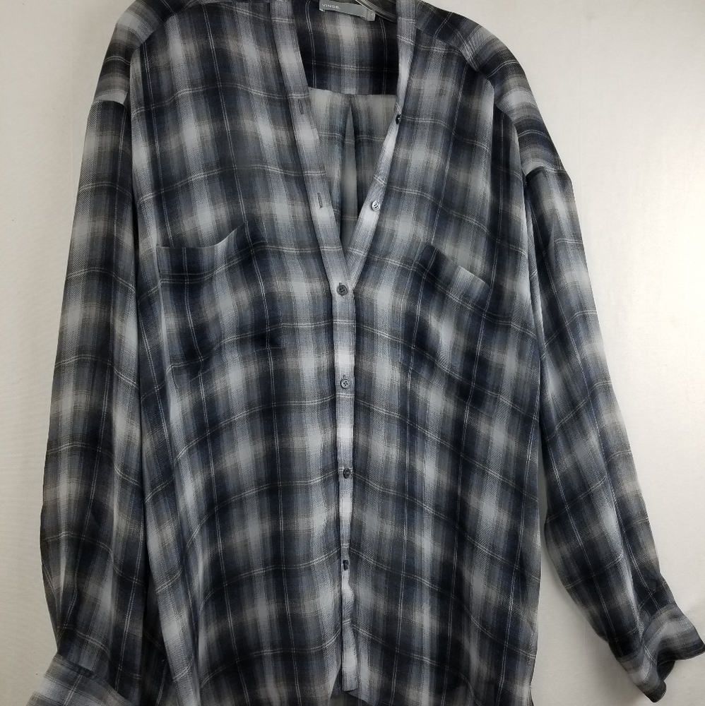 Vince Twilight Shadow Plaid Silk  V-neck Long Sleeve Tunic Top Sz XL - Picture 6 of 14